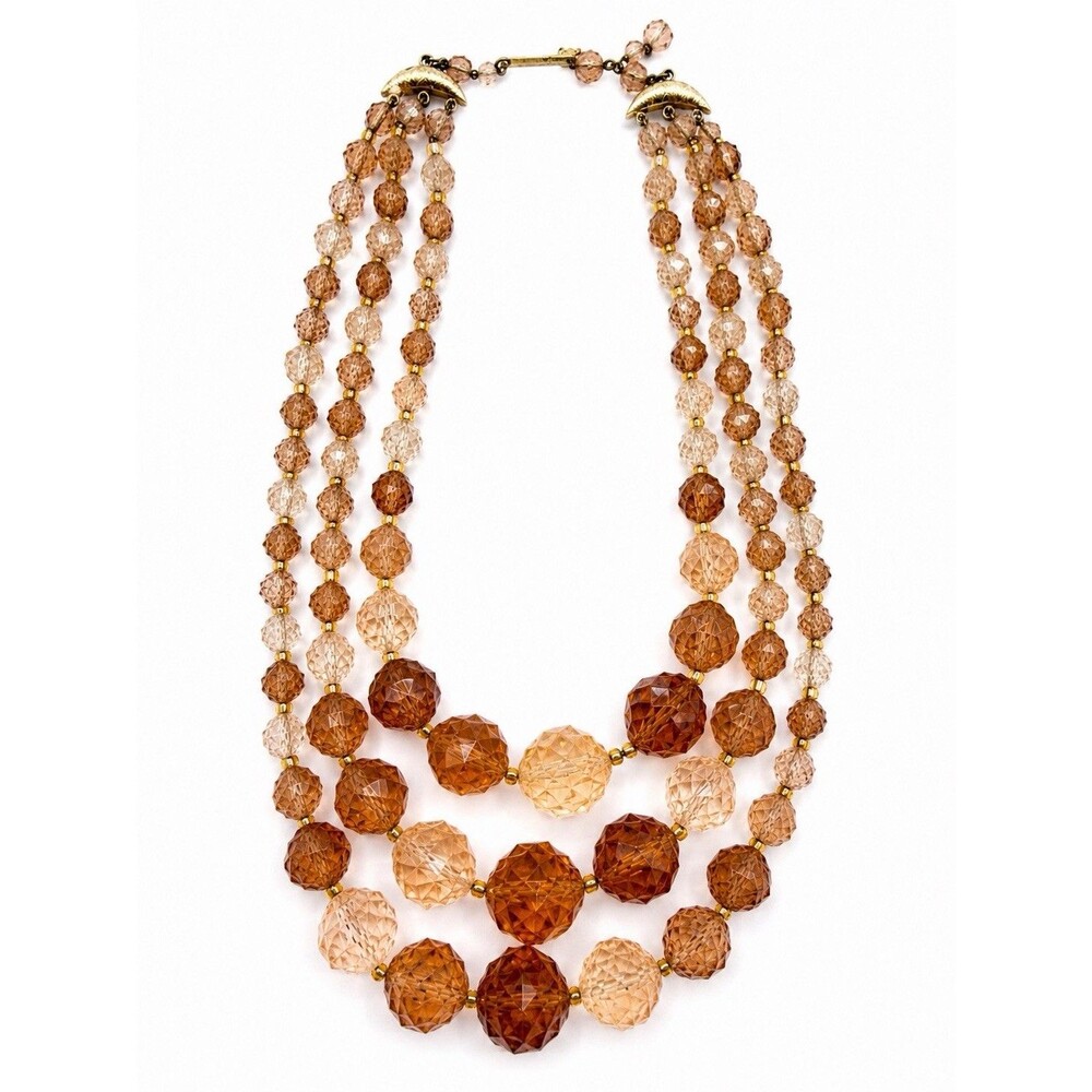 Vintage West Germany Multi Strand Faceted Lucite Necklace Amber Peach Beads 1950